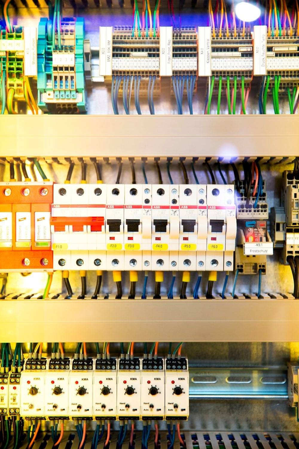 Control panel with breakers and relays