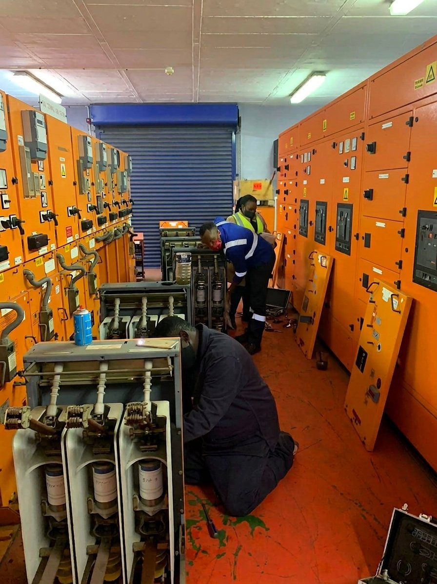 Technicians maintaining rows of switchgear panels in a substation