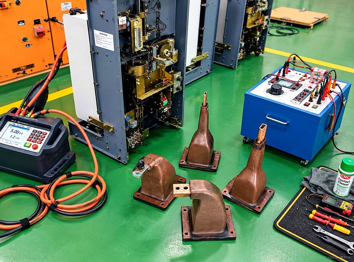Breaker bushings and test instruments laid out in the workshop